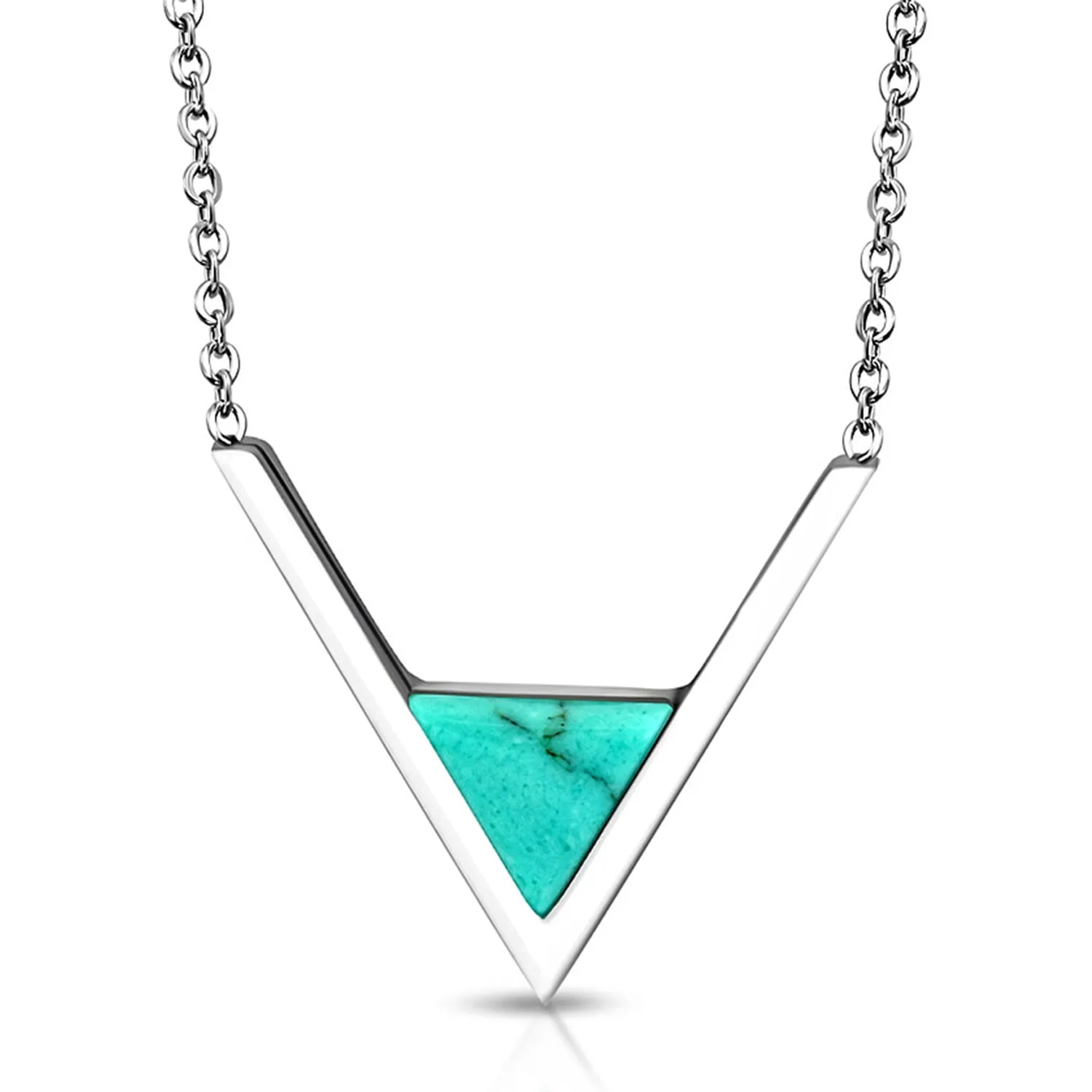 Stainless Steel Classic V Triangle Turquoise Stone Charm Link Chain Necklace Pendant