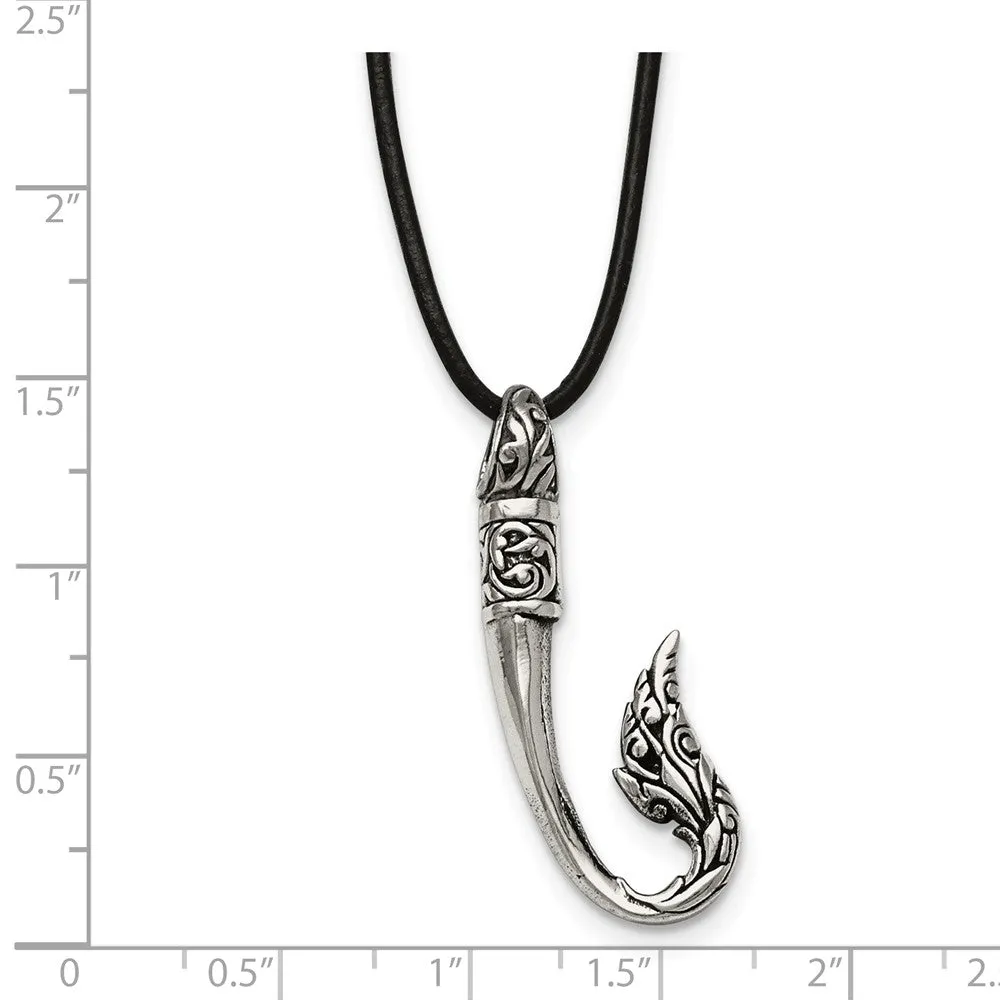 Stainless Steel Polished and Antiqued Hook Necklace