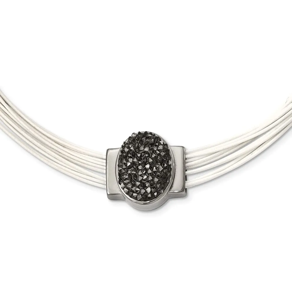 Stainless Steel Polished Grey Crystal Cotton Cord 2.5in ext Necklace