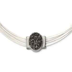 Stainless Steel Polished Grey Crystal Cotton Cord 2.5in ext Necklace