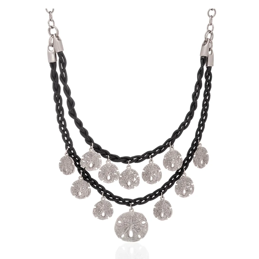 Stardust Silvertone Sand Dollar Necklace with Black cord