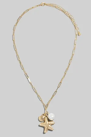 Starfish, Clam & Pearl Charm Necklace, Gold