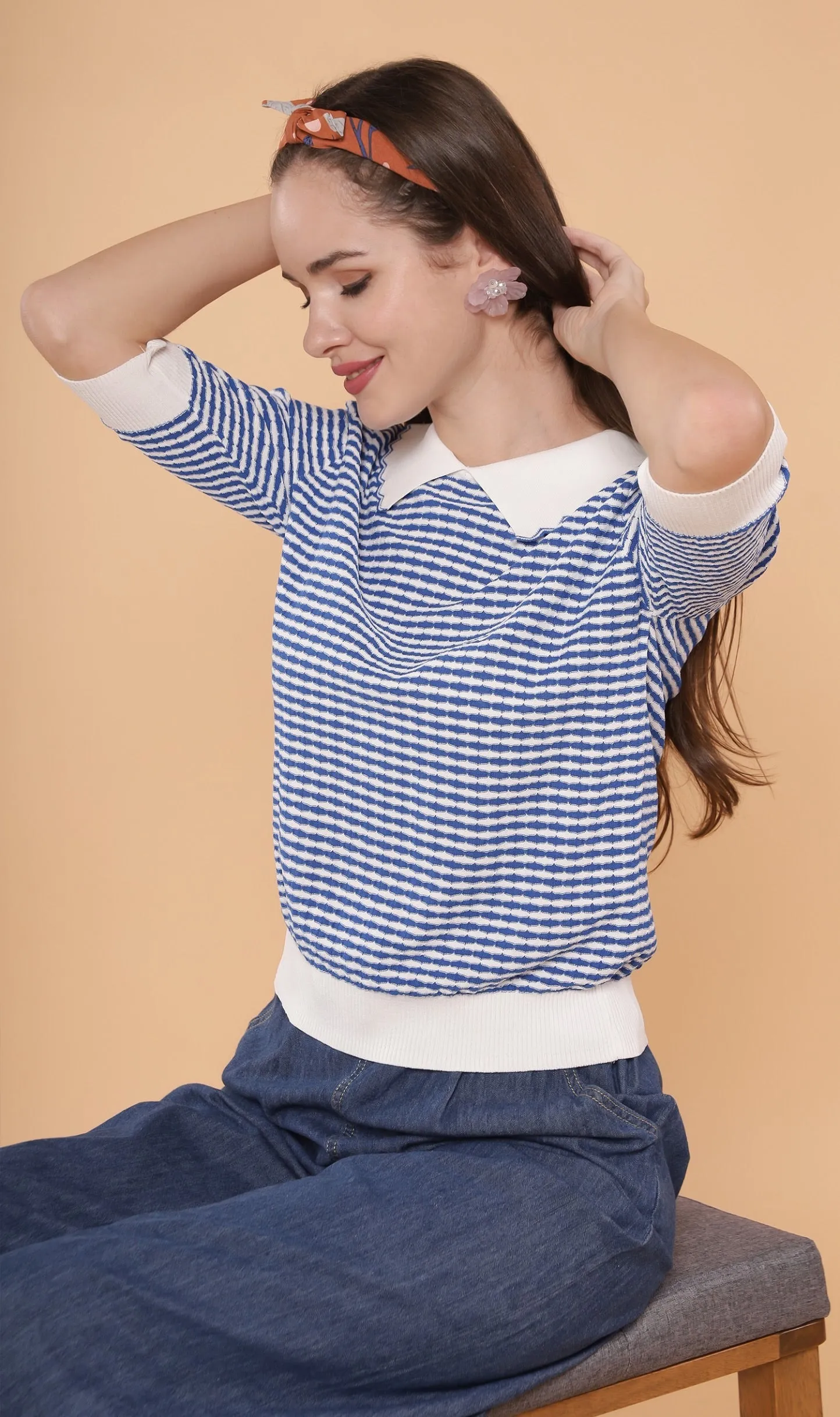 STEFANI Collared Knit Top (Blue)