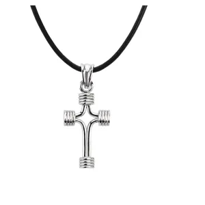 Sterling Silver 14.75x10mm Tubular Cross with 18" Black Leather Cord & Box