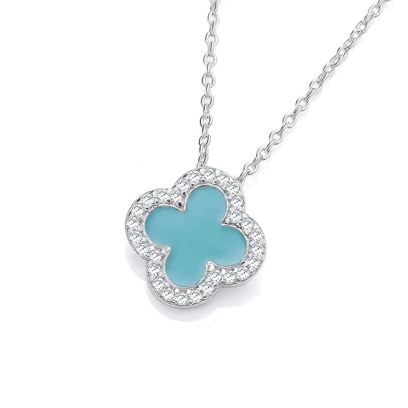 Sterling Silver & Turquoise Enamel Cubic Zirconia Single Clover Leaf Pendant Necklace - 16 -18"