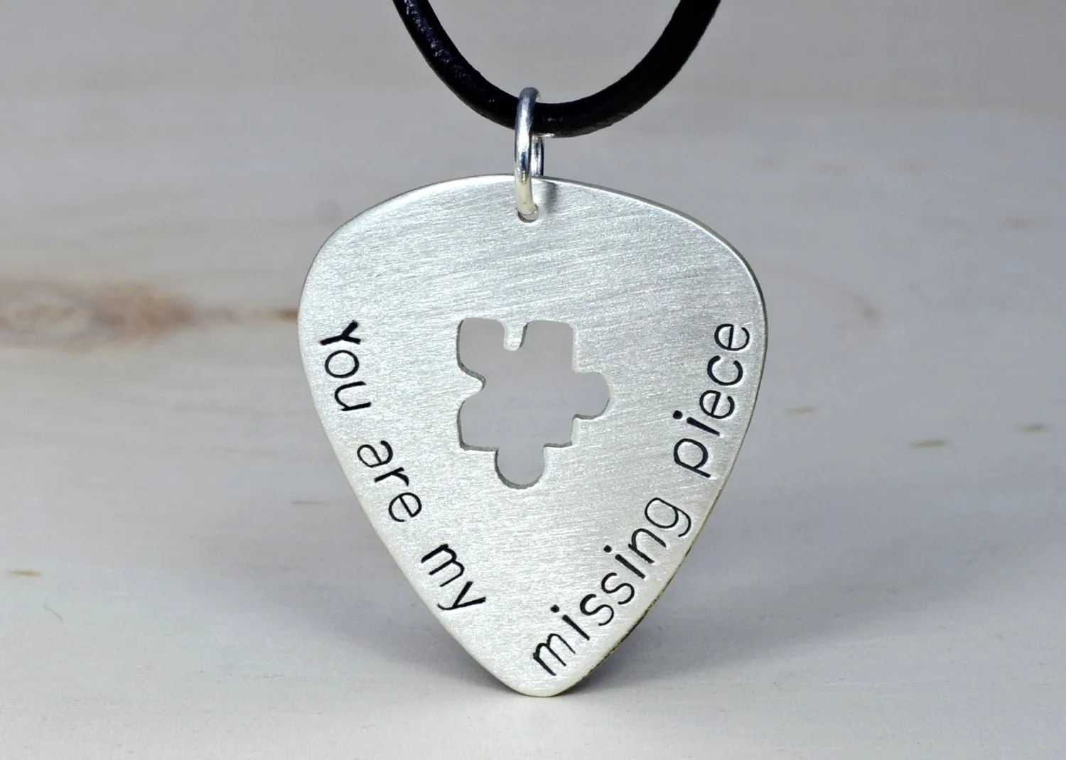 Sterling Silver Guitar Pick Necklace with Puzzle Piece and stamped You are my Missing Piece