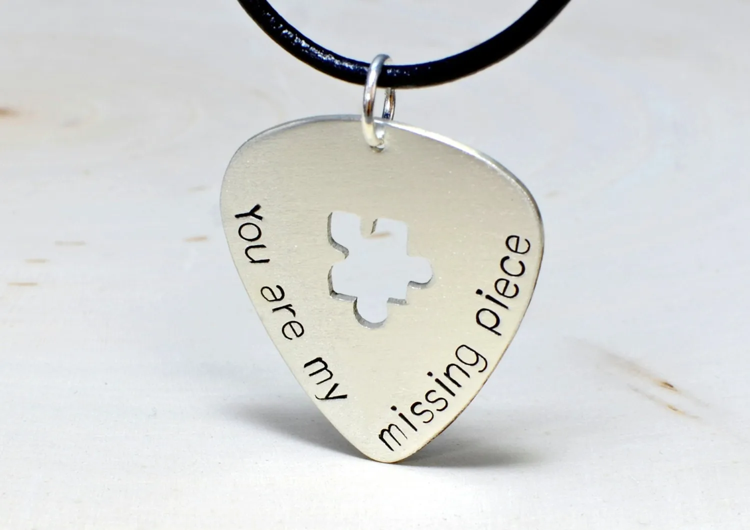Sterling Silver Guitar Pick Necklace with Puzzle Piece and stamped You are my Missing Piece