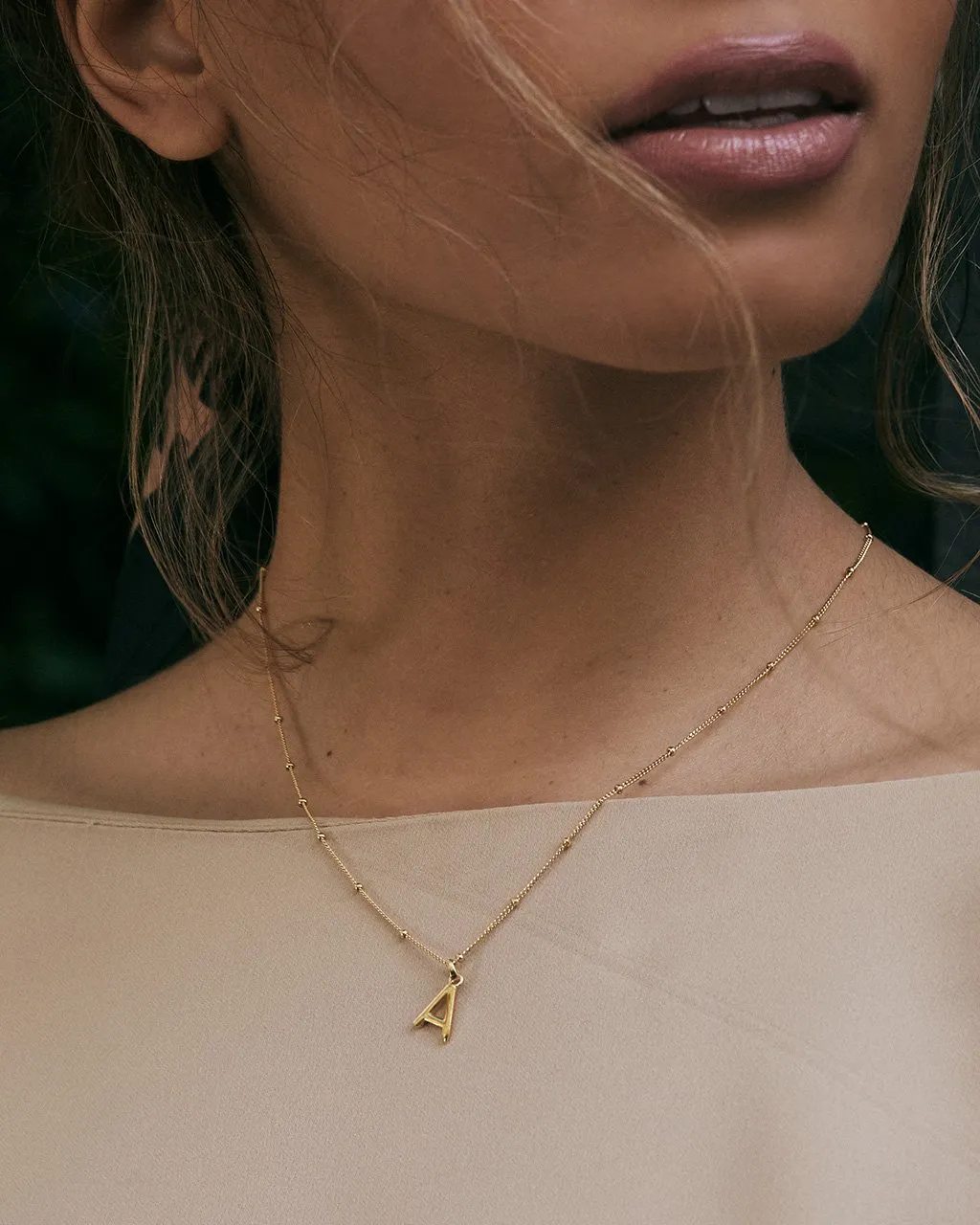 Sterling Silver Initial Necklace with Beaded Chain