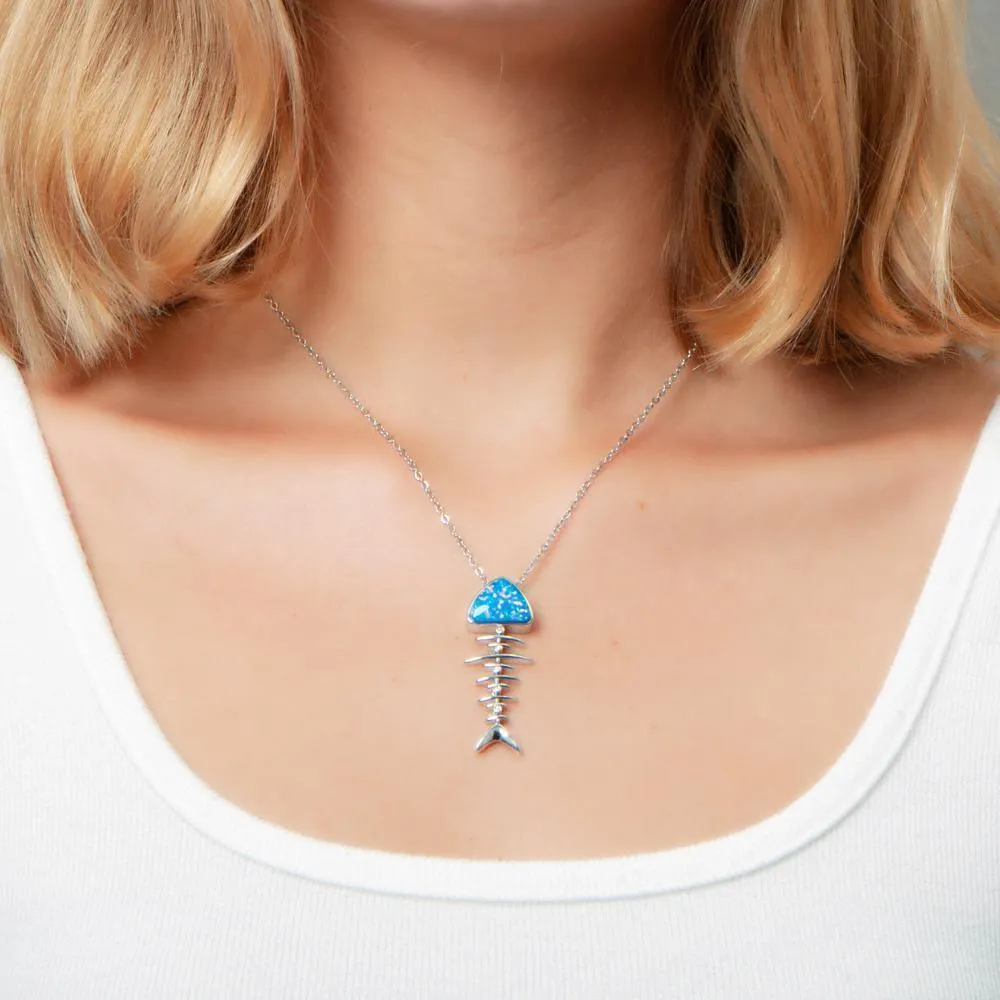 Sterling Silver Opal Fish Bone Pendant by Alamea