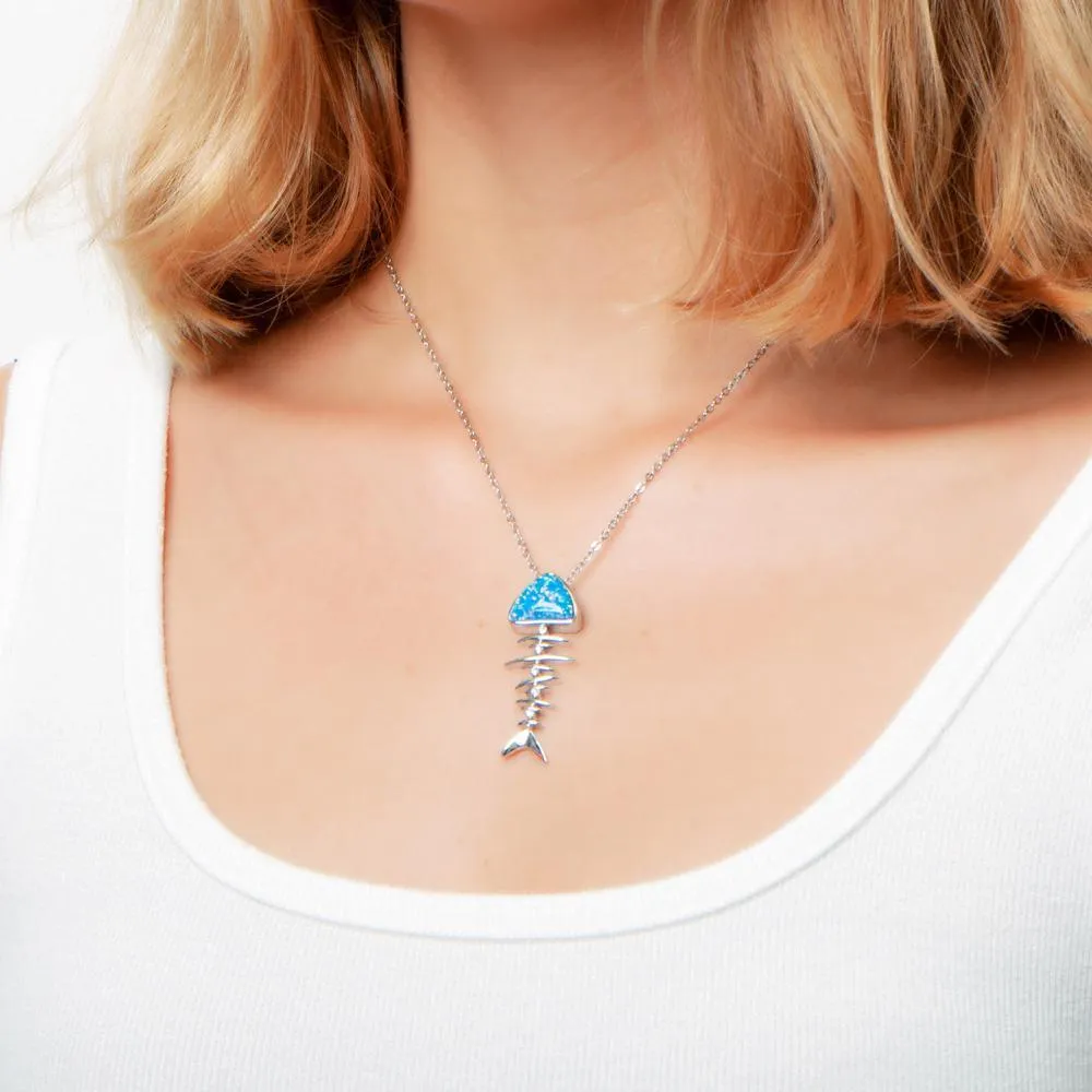 Sterling Silver Opal Fish Bone Pendant by Alamea