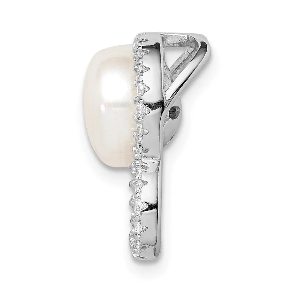 Sterling Silver Rhod-Plated CZ Heart & Imitation Shell Pearl Chain Slide QP5351