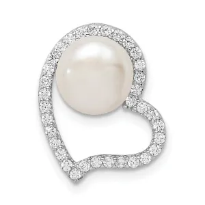 Sterling Silver Rhod-Plated CZ Heart & Imitation Shell Pearl Chain Slide QP5351