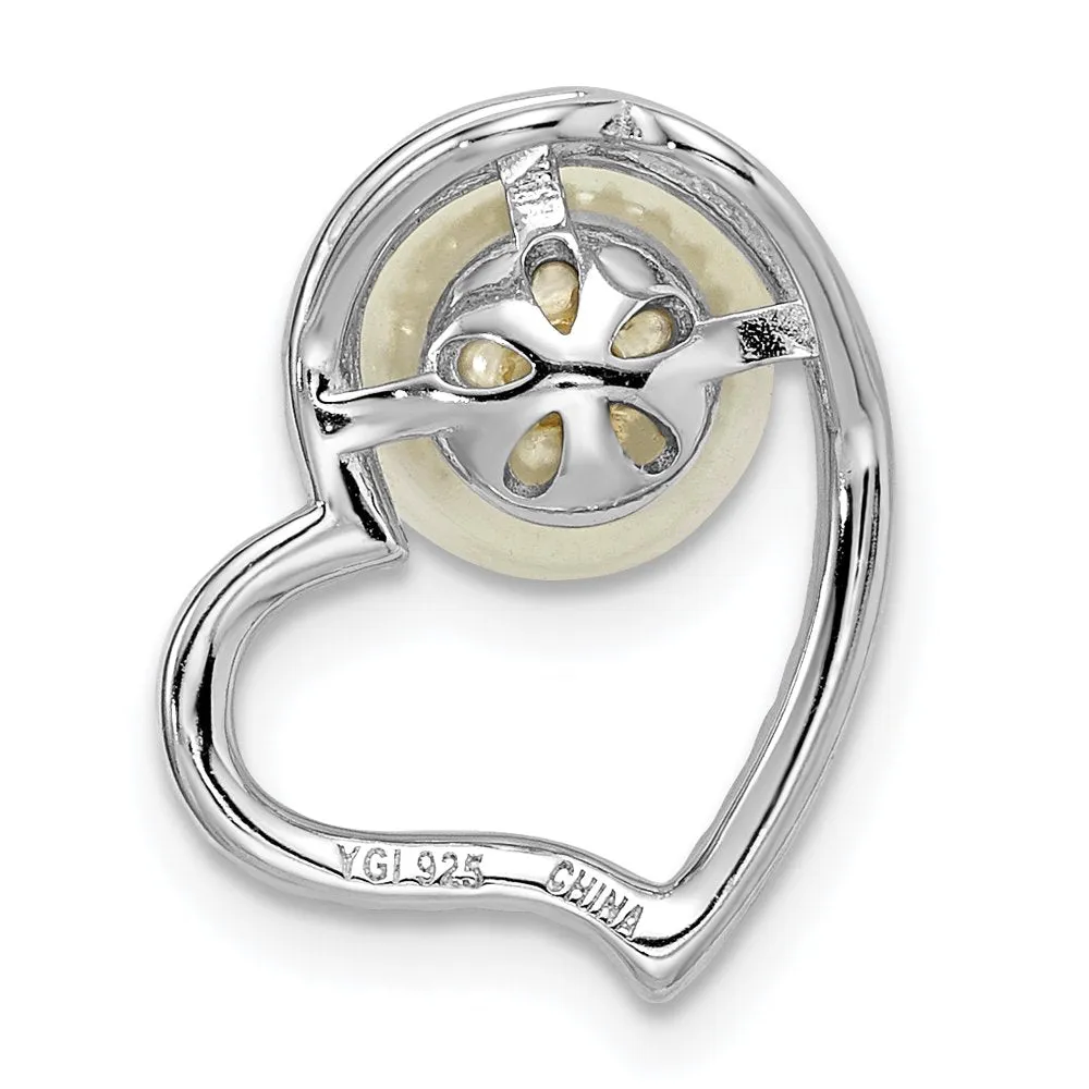 Sterling Silver Rhod-Plated CZ Heart & Imitation Shell Pearl Chain Slide QP5351