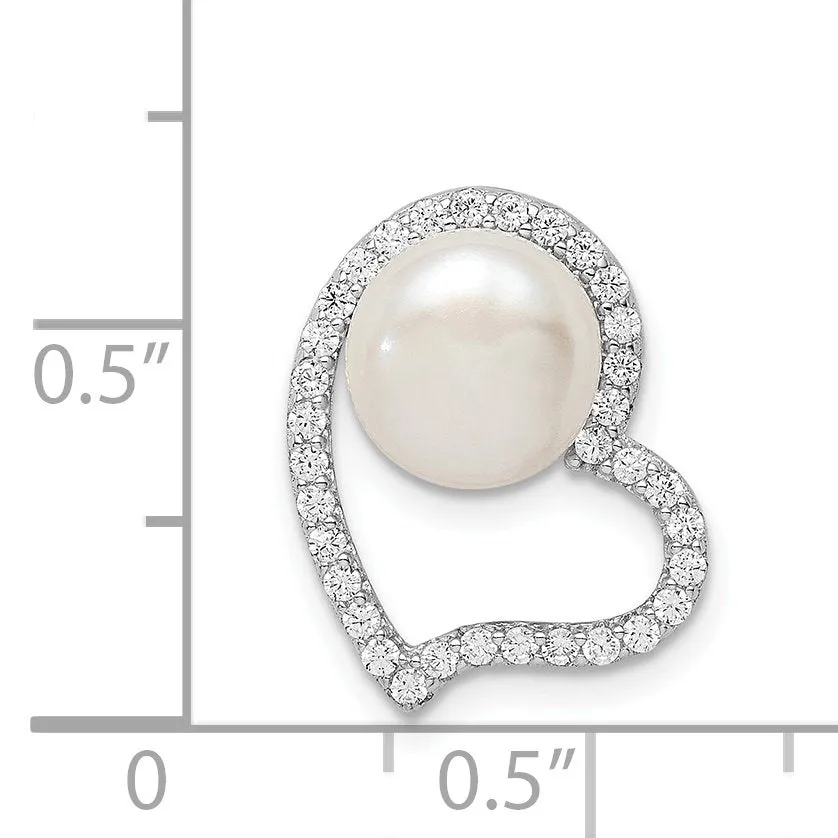 Sterling Silver Rhod-Plated CZ Heart & Imitation Shell Pearl Chain Slide QP5351