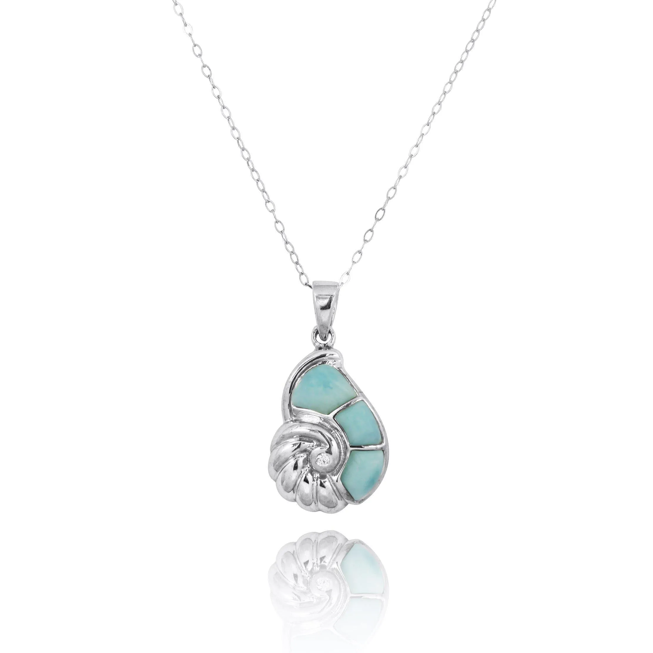 Sterling Silver Seashell Pendant Necklace with Larimar and White CZ
