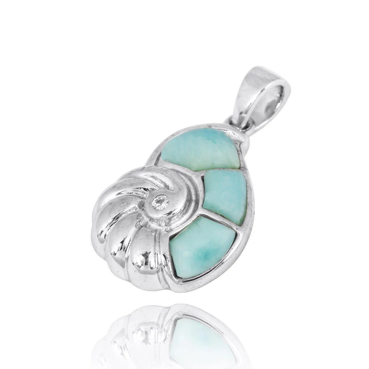 Sterling Silver Seashell Pendant Necklace with Larimar and White CZ