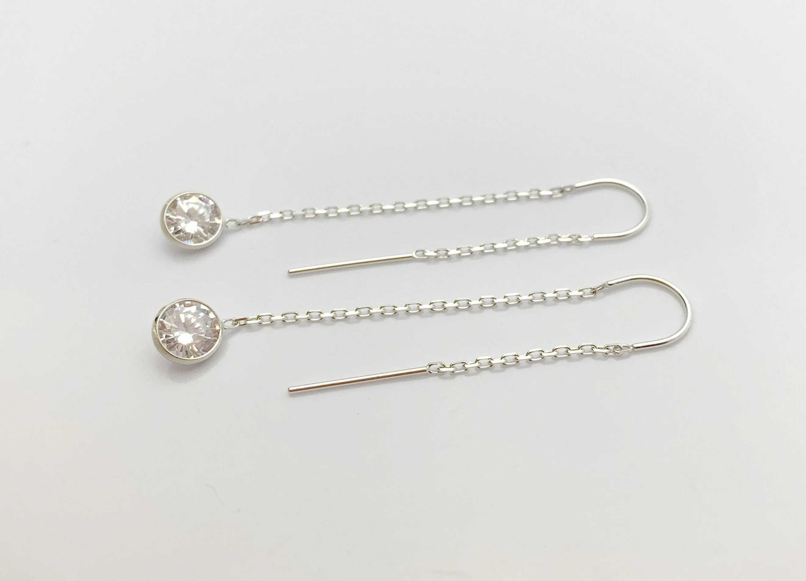 Sterling Silver U Threader Cable Chain Earrings with 6mm White Cubic Zirconia Stones