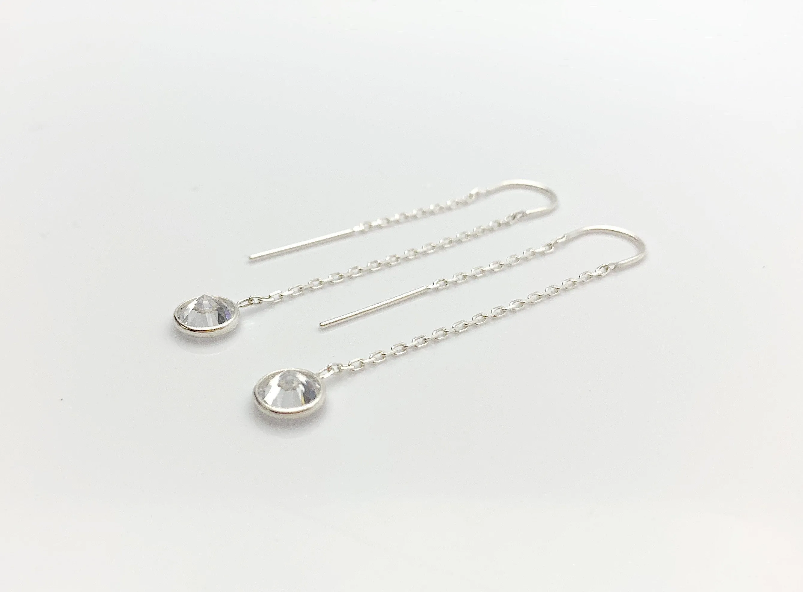 Sterling Silver U Threader Cable Chain Earrings with 6mm White Cubic Zirconia Stones