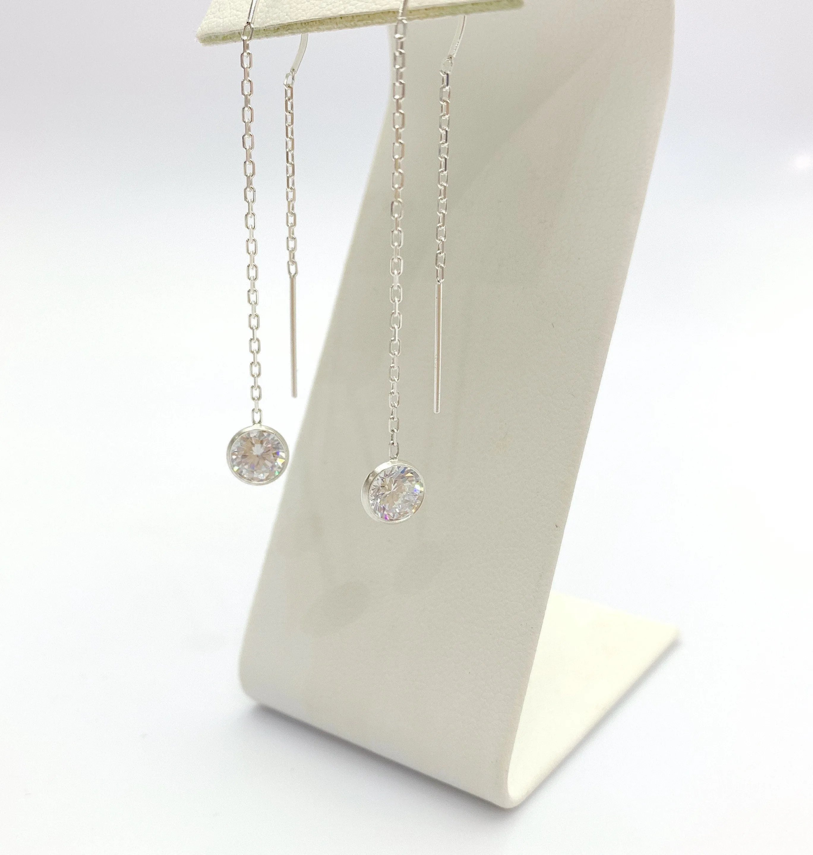 Sterling Silver U Threader Cable Chain Earrings with 6mm White Cubic Zirconia Stones