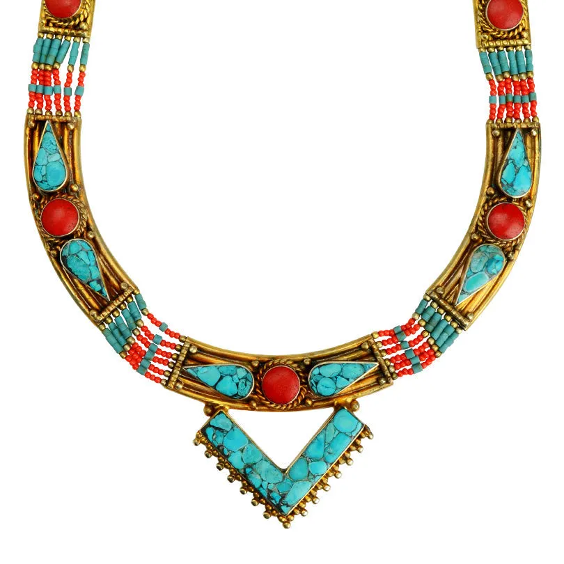 Stunning Himalayan Turquoise and Coral Gold Plated Nepal Statement Necklace
