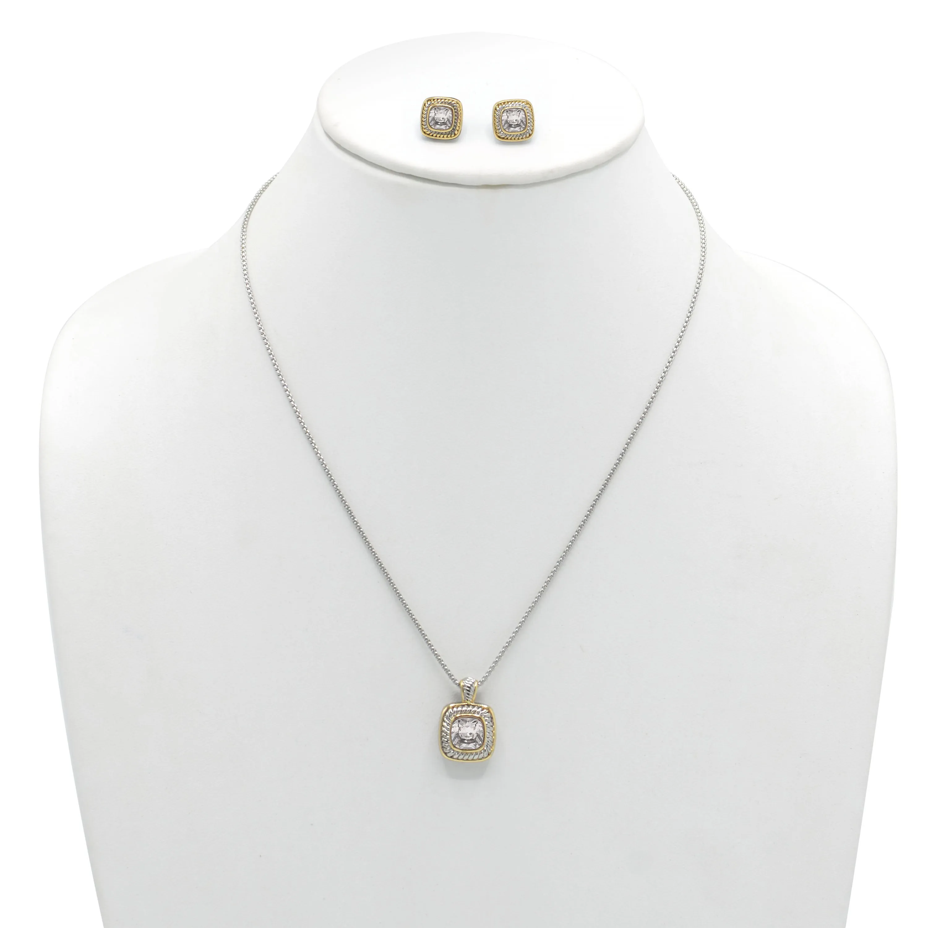 TAZZA Two-Tone Clear Crystal Square Cable Pendant Necklace And Earrings Set for Women #JJSET-1959CL-CZ(AF23)