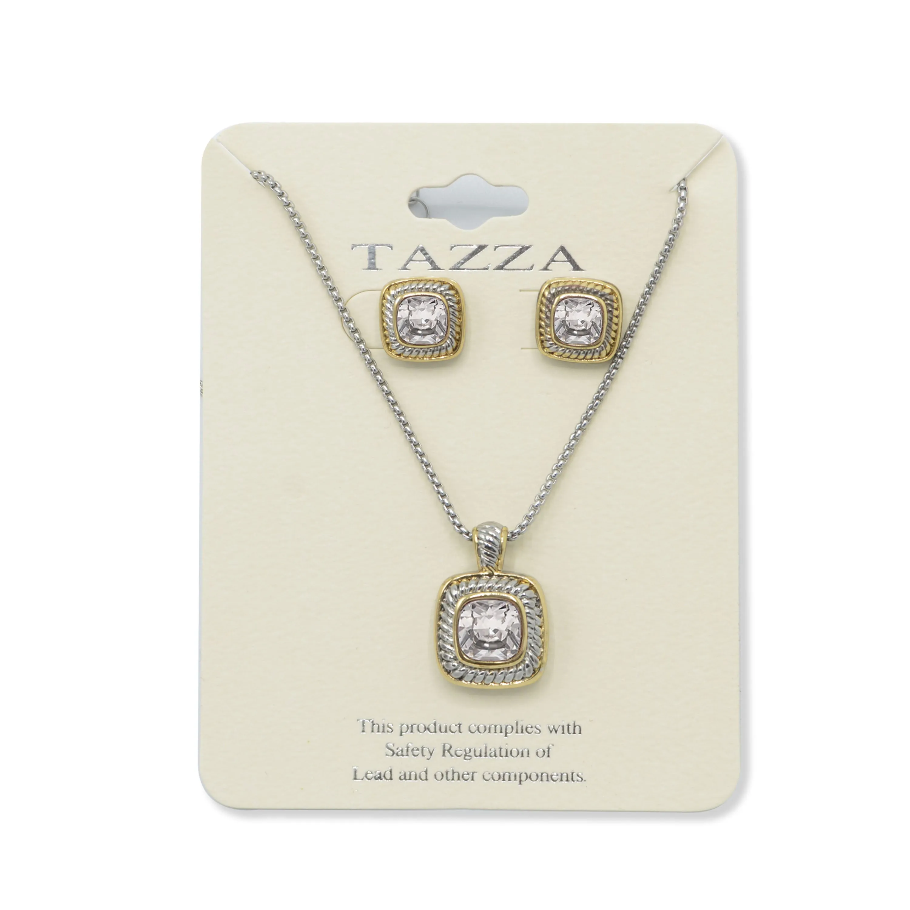 TAZZA Two-Tone Clear Crystal Square Cable Pendant Necklace And Earrings Set for Women #JJSET-1959CL-CZ(AF23)