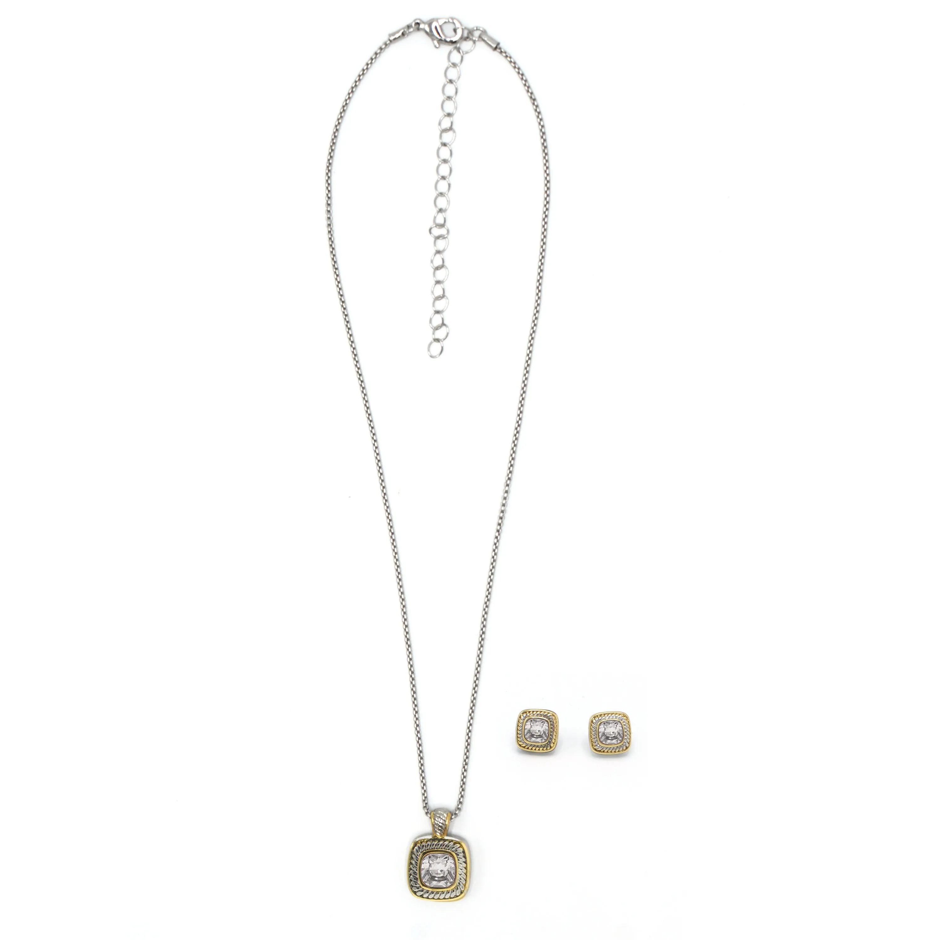 TAZZA Two-Tone Clear Crystal Square Cable Pendant Necklace And Earrings Set for Women #JJSET-1959CL-CZ(AF23)
