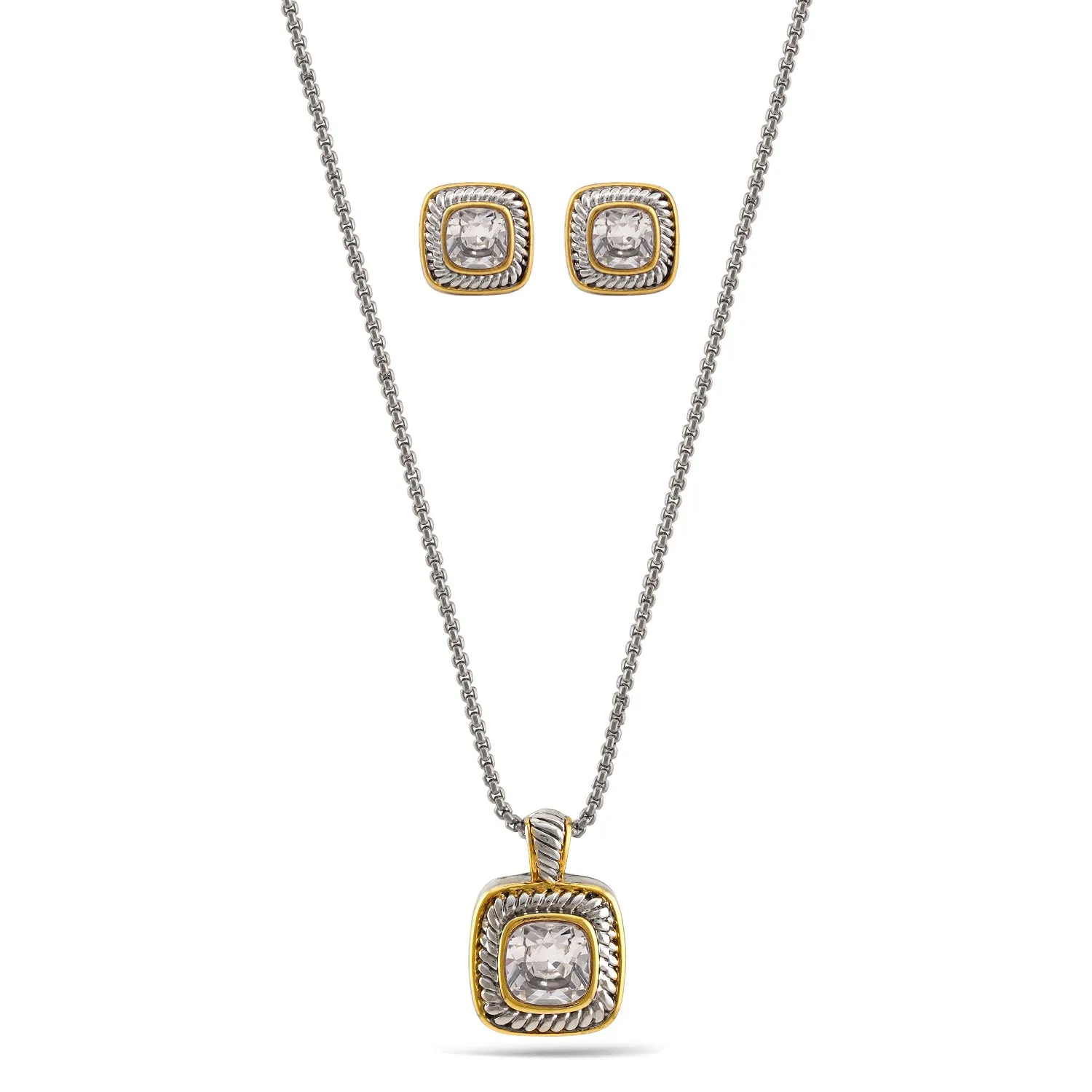 TAZZA Two-Tone Clear Crystal Square Cable Pendant Necklace And Earrings Set for Women #JJSET-1959CL-CZ(AF23)