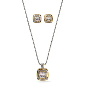 TAZZA Two-Tone Clear Crystal Square Cable Pendant Necklace And Earrings Set for Women #JJSET-1959CL-CZ(AF23)