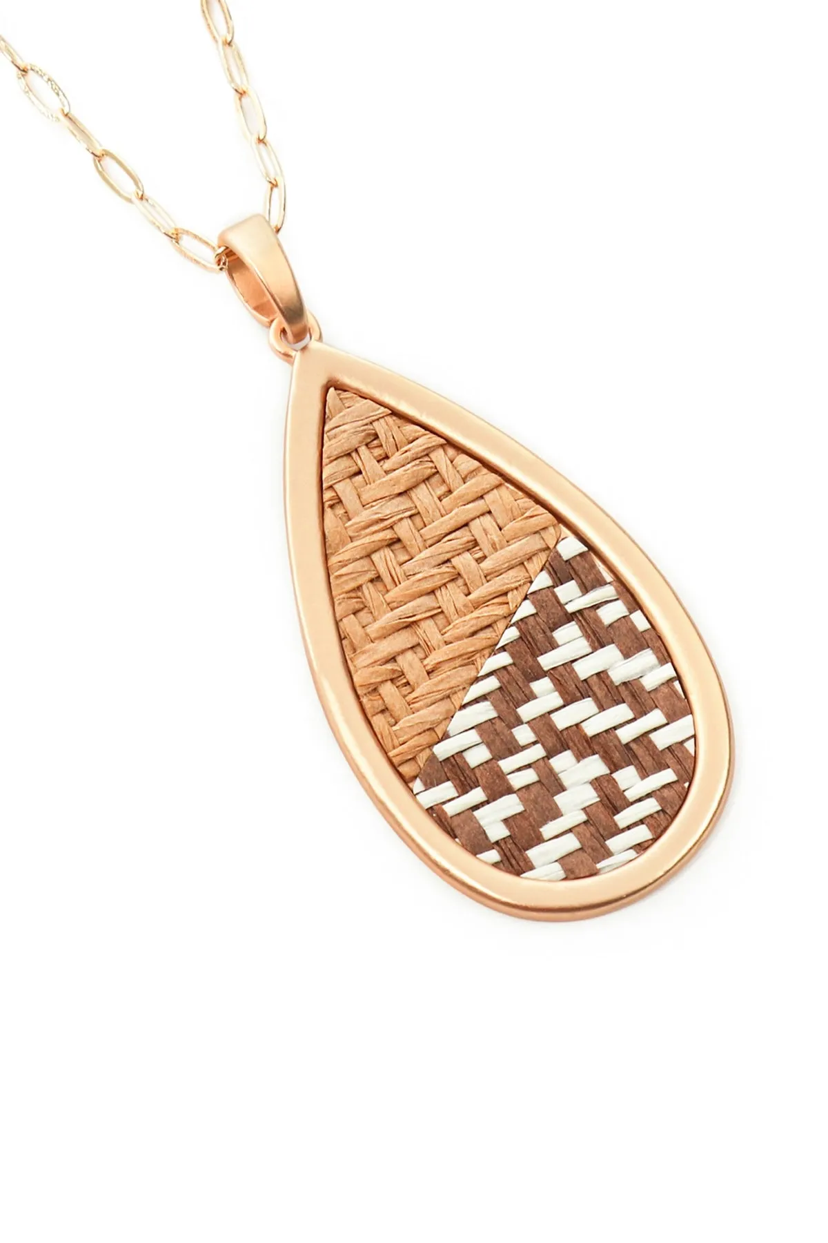 Teardrop Shape Rattan Pendant Necklace Matte Gold Brown - Pack of 6