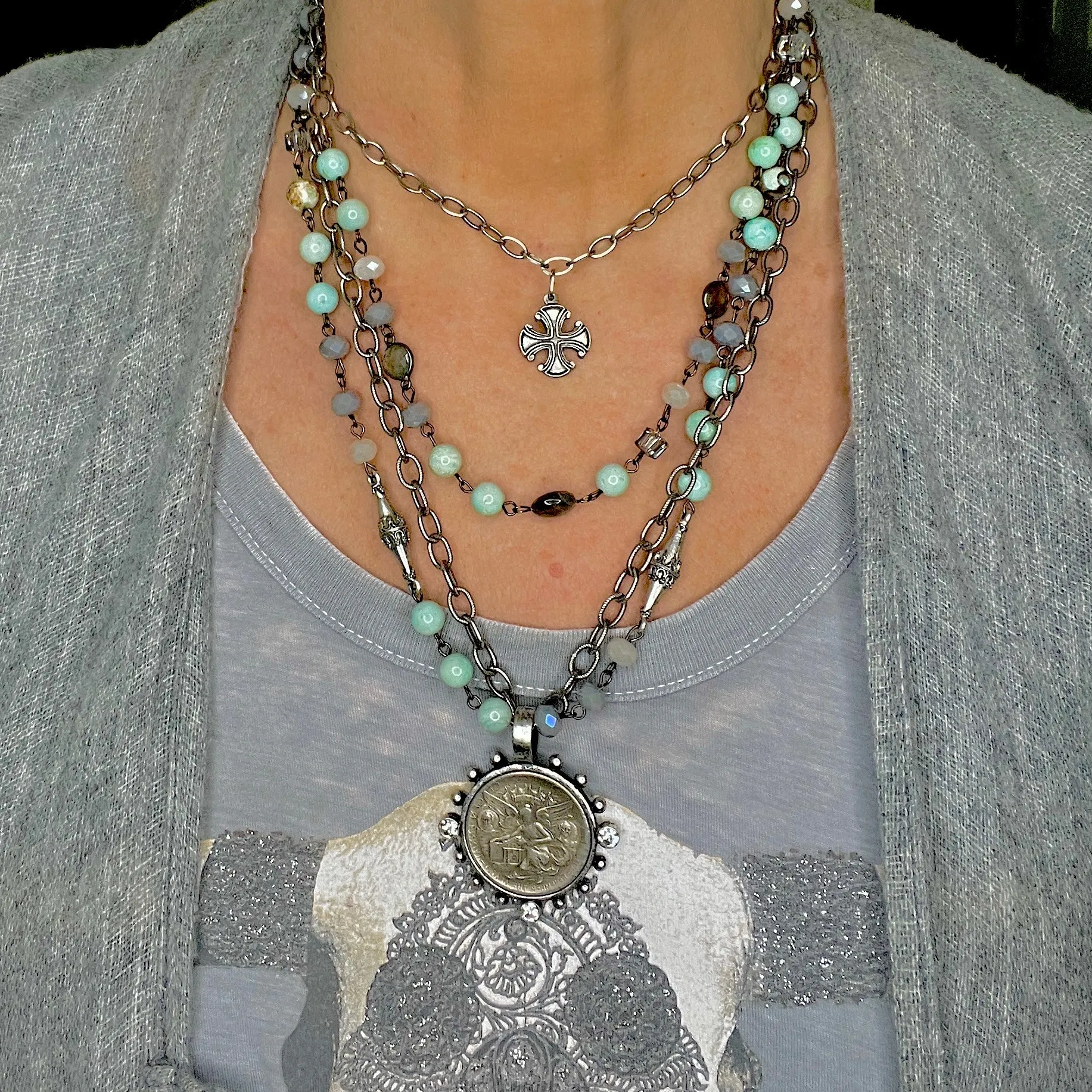 The Aiden Alamo Turquoise and Crystal Silver Coin Necklace
