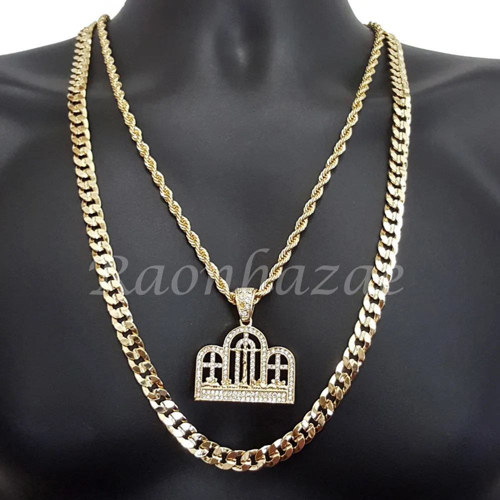THREE CROSS ROPE CHAIN DIAMOND CUT 30" CUBAN CHAIN NECKLACE SET G24