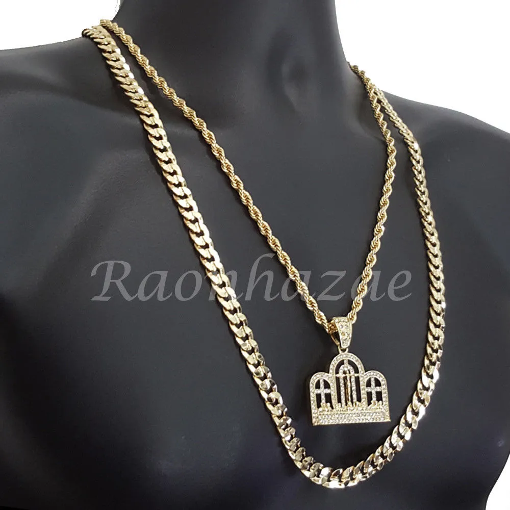 THREE CROSS ROPE CHAIN DIAMOND CUT 30" CUBAN CHAIN NECKLACE SET G24