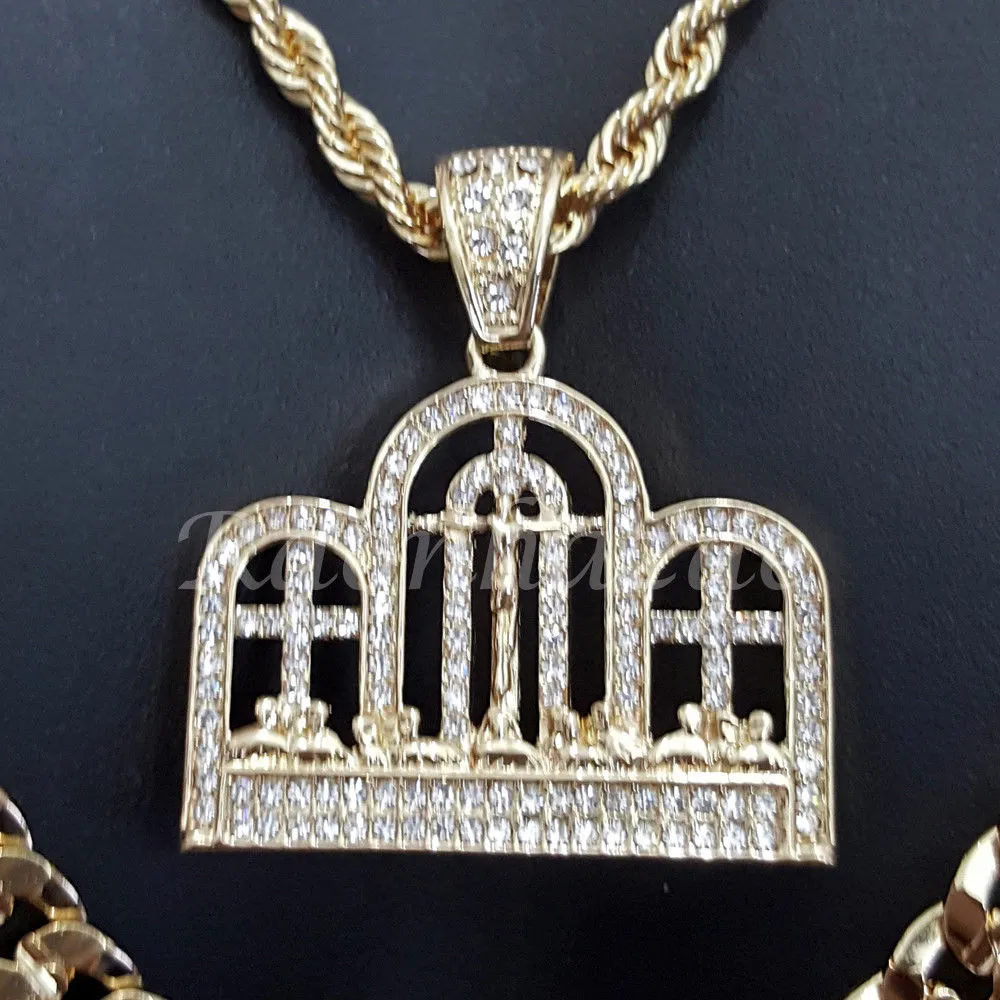 THREE CROSS ROPE CHAIN DIAMOND CUT 30" CUBAN CHAIN NECKLACE SET G24