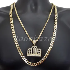 THREE CROSS ROPE CHAIN DIAMOND CUT 30" CUBAN CHAIN NECKLACE SET G24