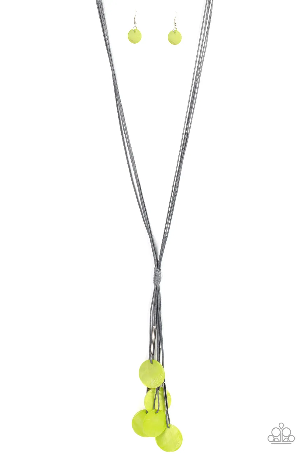 Tidal Tassels - Green - Shell Disc Gray Cord Paparazzi Long Necklace - July 2021 Summer Party Pack Exclusive