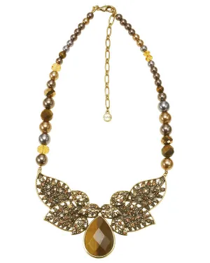 TIGER EYE STONE MIX PEARL GOLD AND BROWN CRYSTAL  NECKLACE #306BR1201 (5D4/3D1/6E1/8A1)