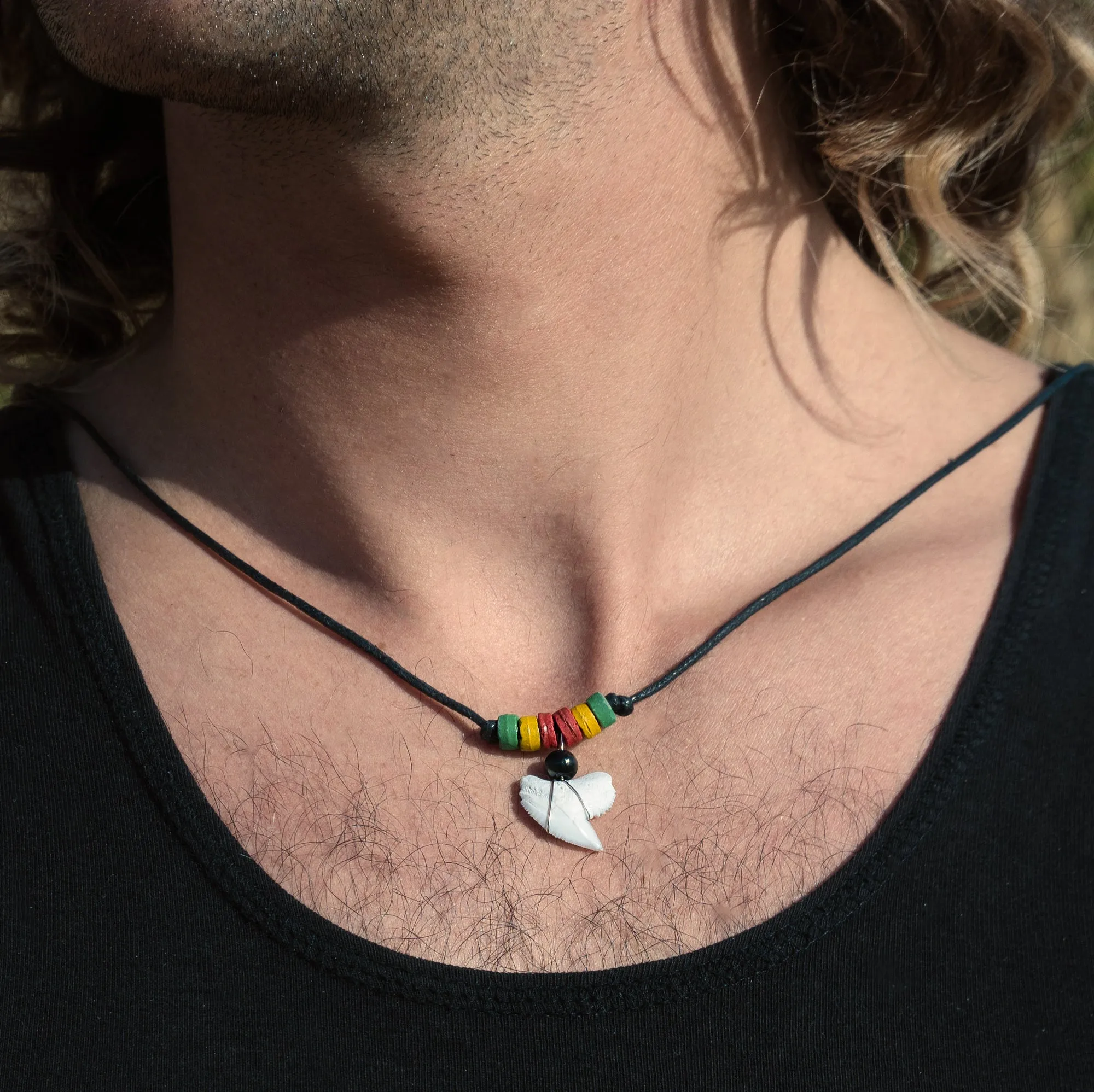 Tiger shark tooth wooden bead necklace rasta c103