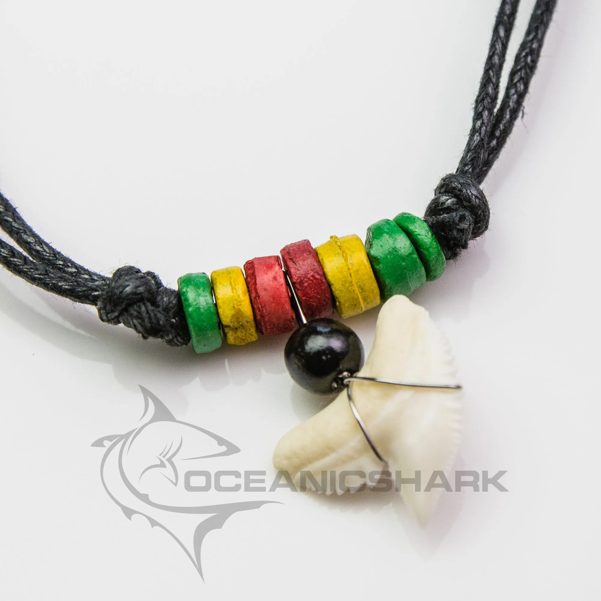 Tiger shark tooth wooden bead necklace rasta c103