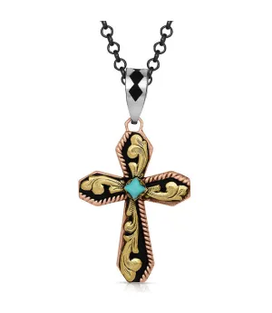 Tri-Tone Scroll Cross Necklace