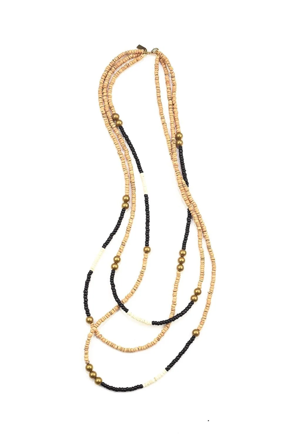 Triple Natural Strand Coconut Necklace with African Brass, White and Black Accents