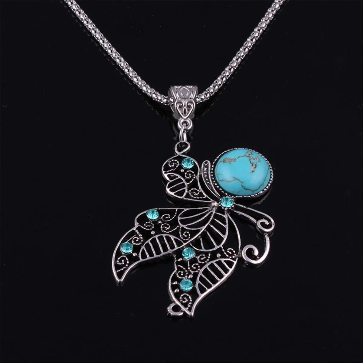 Turquoise & Cubic Zirconia Silver-Plated Butterfly Pendant Necklace
