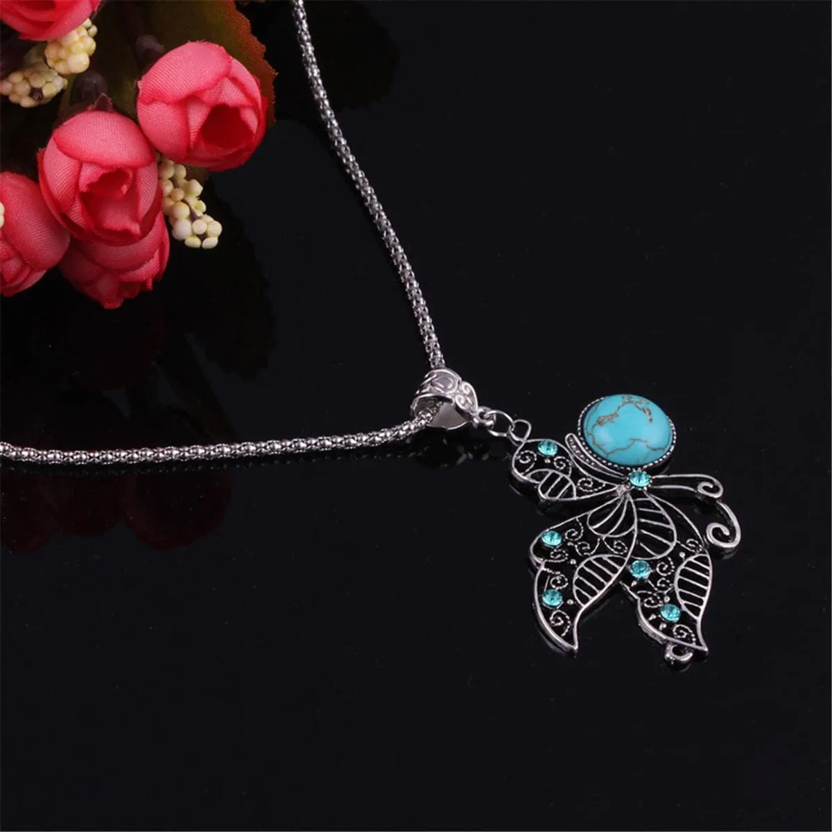 Turquoise & Cubic Zirconia Silver-Plated Butterfly Pendant Necklace