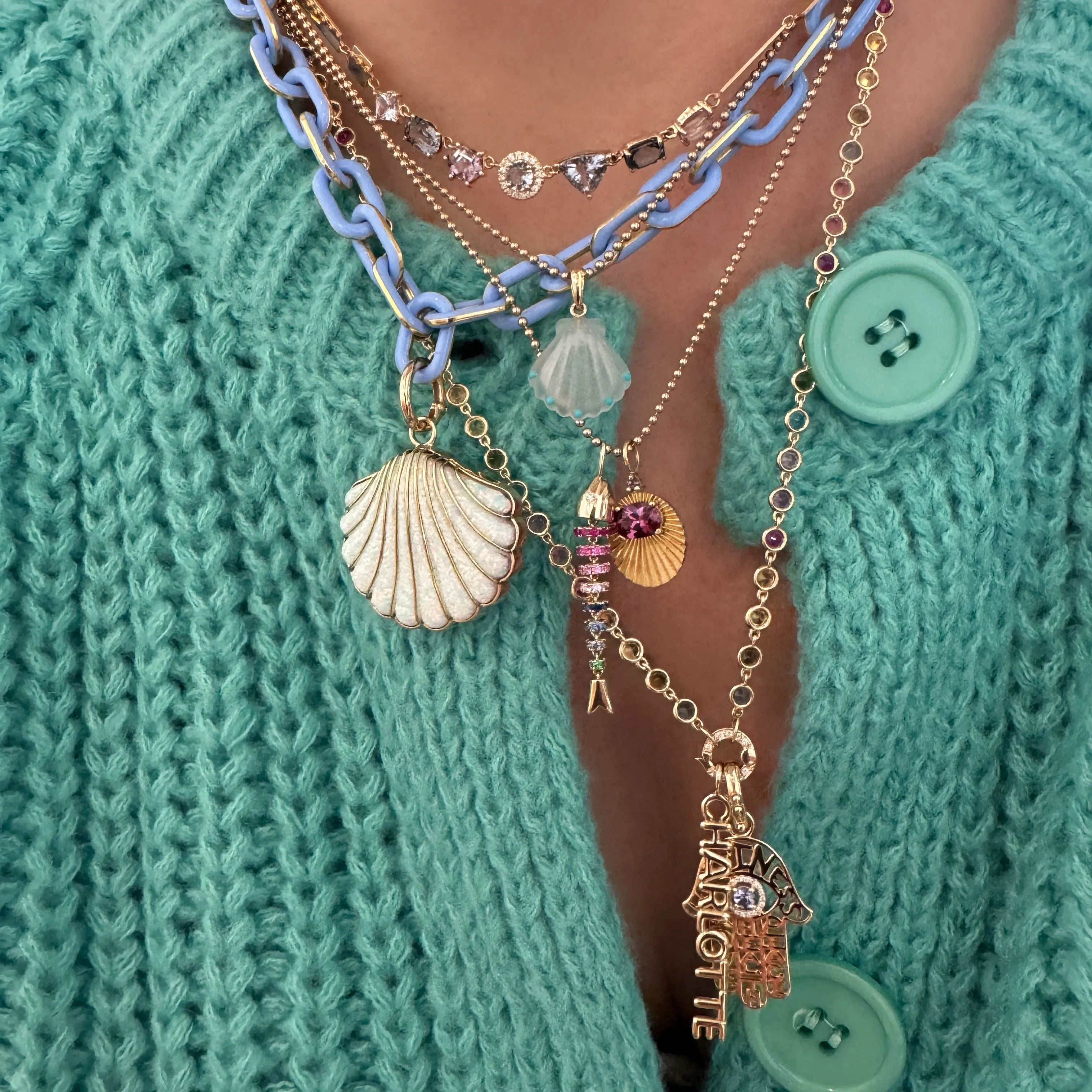 Turquoise & Quartz Scalloped Shell Charm Pendant