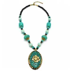 TURQUOISE AND BLACK BEADS WITH GOLD OVAL PENDANT NECKLACE# FWNK-2109-82