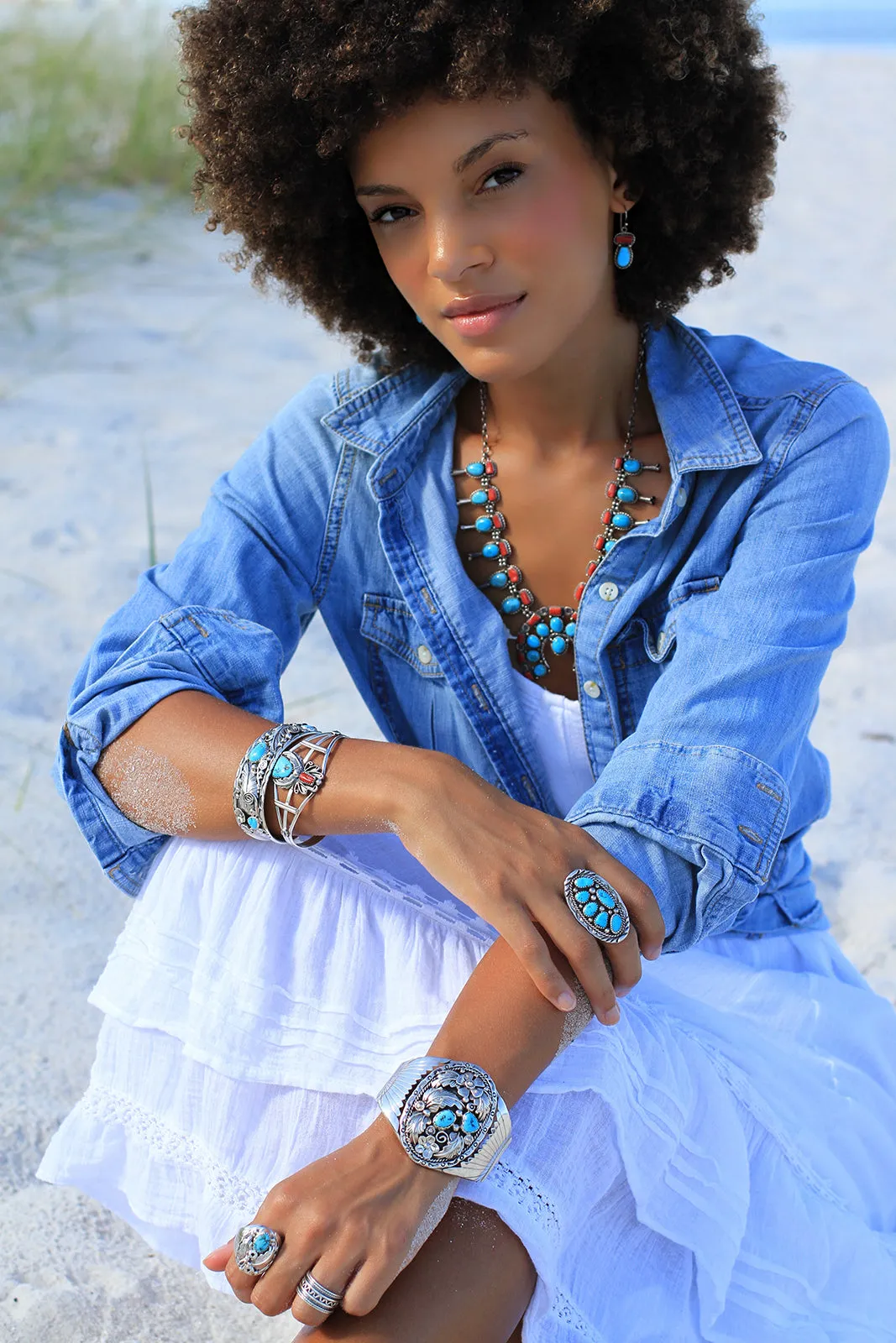 Turquoise and Coral Squash Blossom Necklace with Earrings