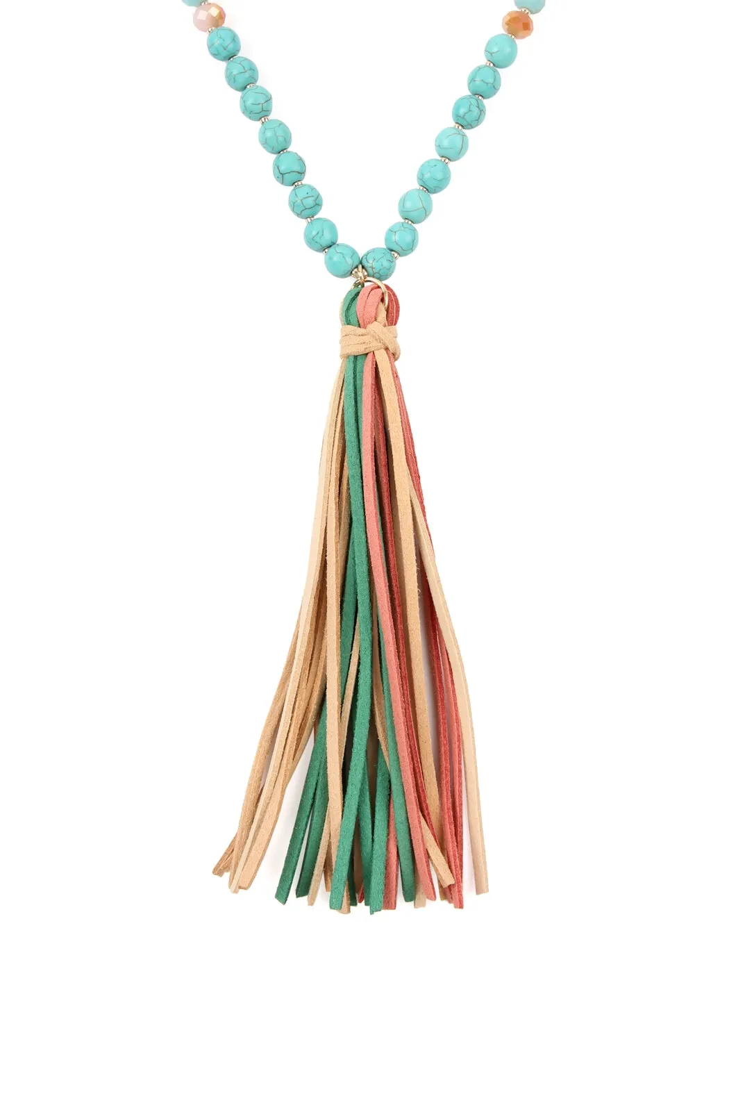 Turquoise Colorful Natural Stone and Glass Beads with Tassel Necklace - Pack of 6