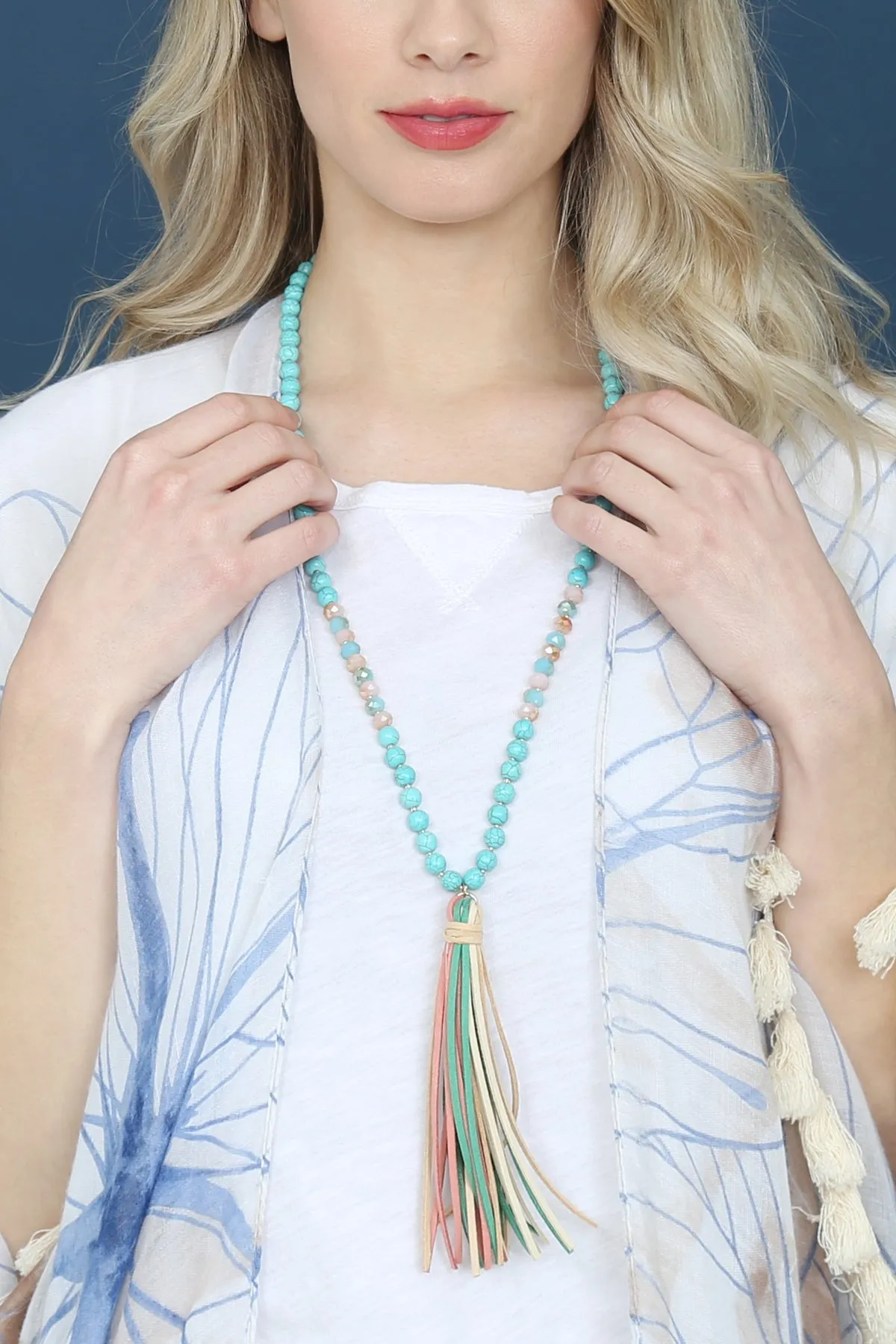 Turquoise Colorful Natural Stone and Glass Beads with Tassel Necklace - Pack of 6