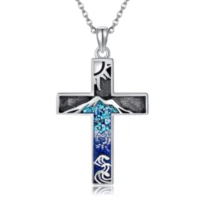Turquoise Cross Necklace 925 Sterling Silver Mountain Necklace