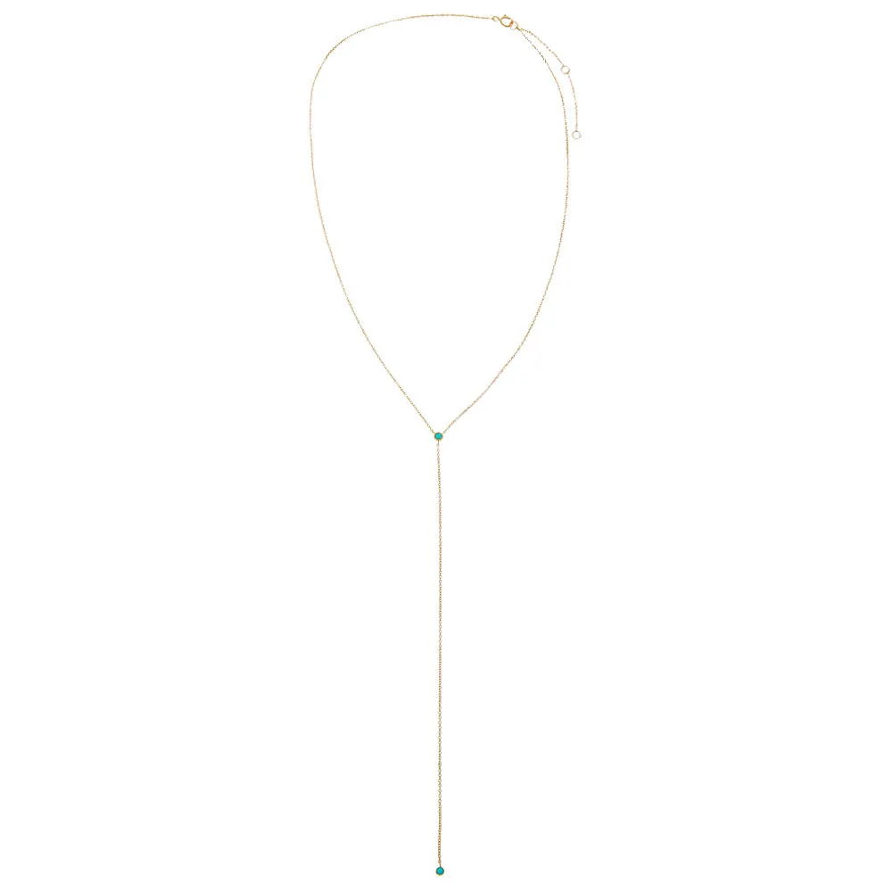 Turquoise Double Solitaire Bezel Lariat Necklace 14K